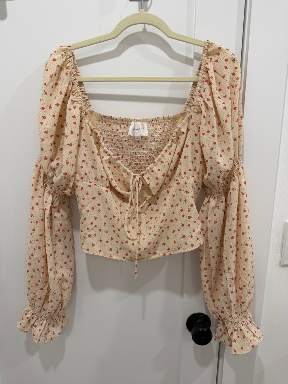 Line & Dot Beige Floral Smocked Square-Neck Crop Top with Red Print